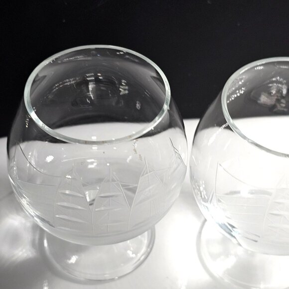 2 Toscany Clipper Ship Brandy Glasses 3.5" small etched crystal Italy nautical s - Picture 3 of 5